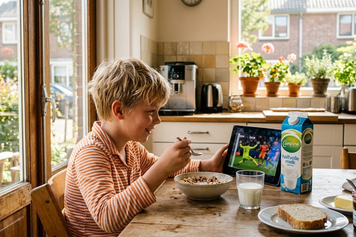 Een 10-jarig kind kijkt s ochtends aan de ontbijttafel een wedstrijdsamenvatting op een tablet
