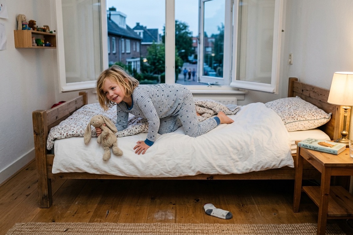 Kind kruipt in pyjama tegen schemerlicht in een gezellige kamer in bed.