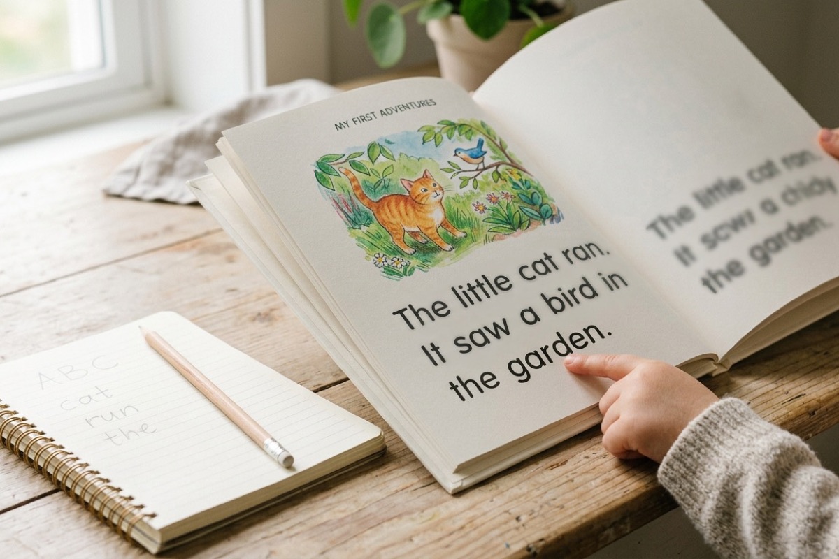 Open AVI-leesboek met grote letters en illustratie, kindervinger wijst woord aan