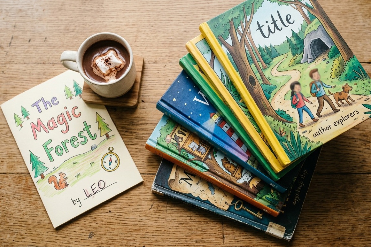 Stapel avonturen-leesboeken voor groep 4 en 5 met mok chocolademelk