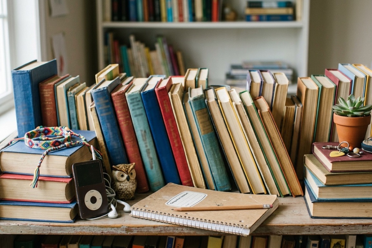 Bovenbouw boekenkast met gemixte boeken en persoonlijke spullen tiener