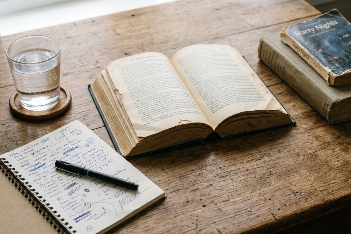 Open dikke roman op bureau met aantekeningen, glas water en pen