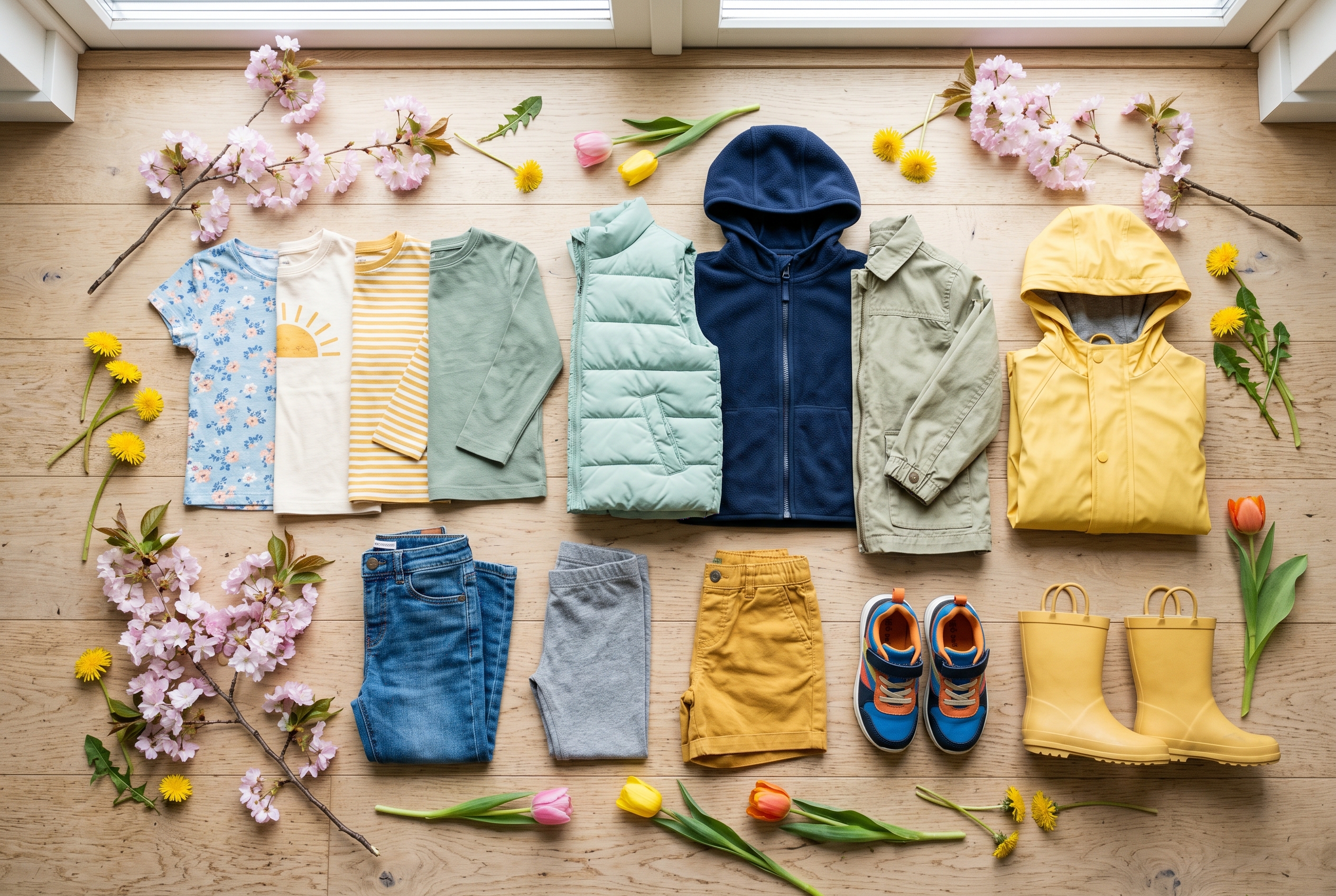Flat-lay van complete lente-kindergarderobe op een houten vloer: T-shirts, long-sleeves, vest, fleece, lichte jas, regenjas, korte broek, lange broek, sneakers, regenlaarzen en pet, omringd met bloesem-takken en paardenbloemen.