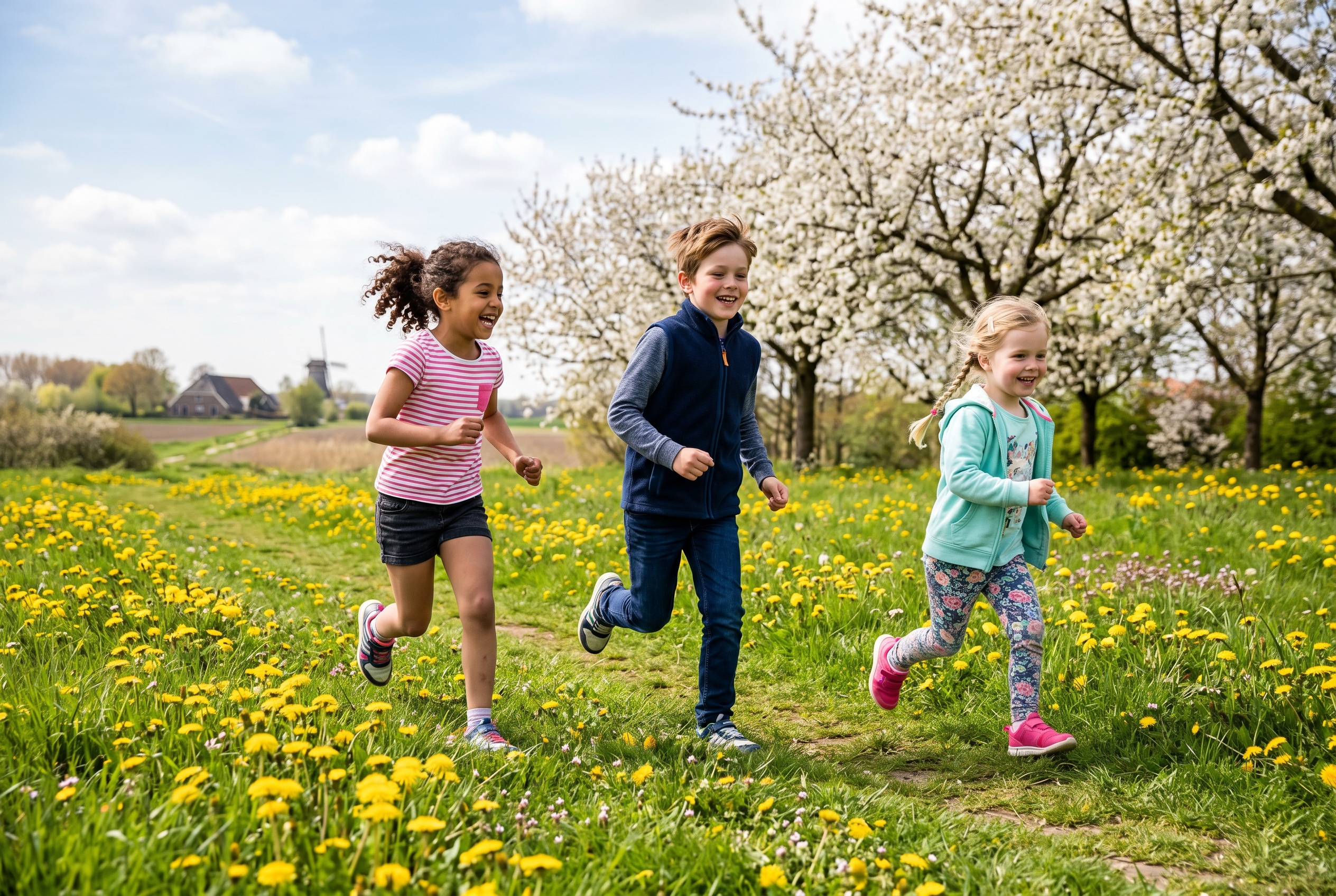 Drie diverse kinderen rennen vrolijk over een lente-veld met bloeiende paardenbloemen en bloesem-bomen, gekleed in T-shirts, vesten en lichte broeken voor verschillende lente-temperaturen.