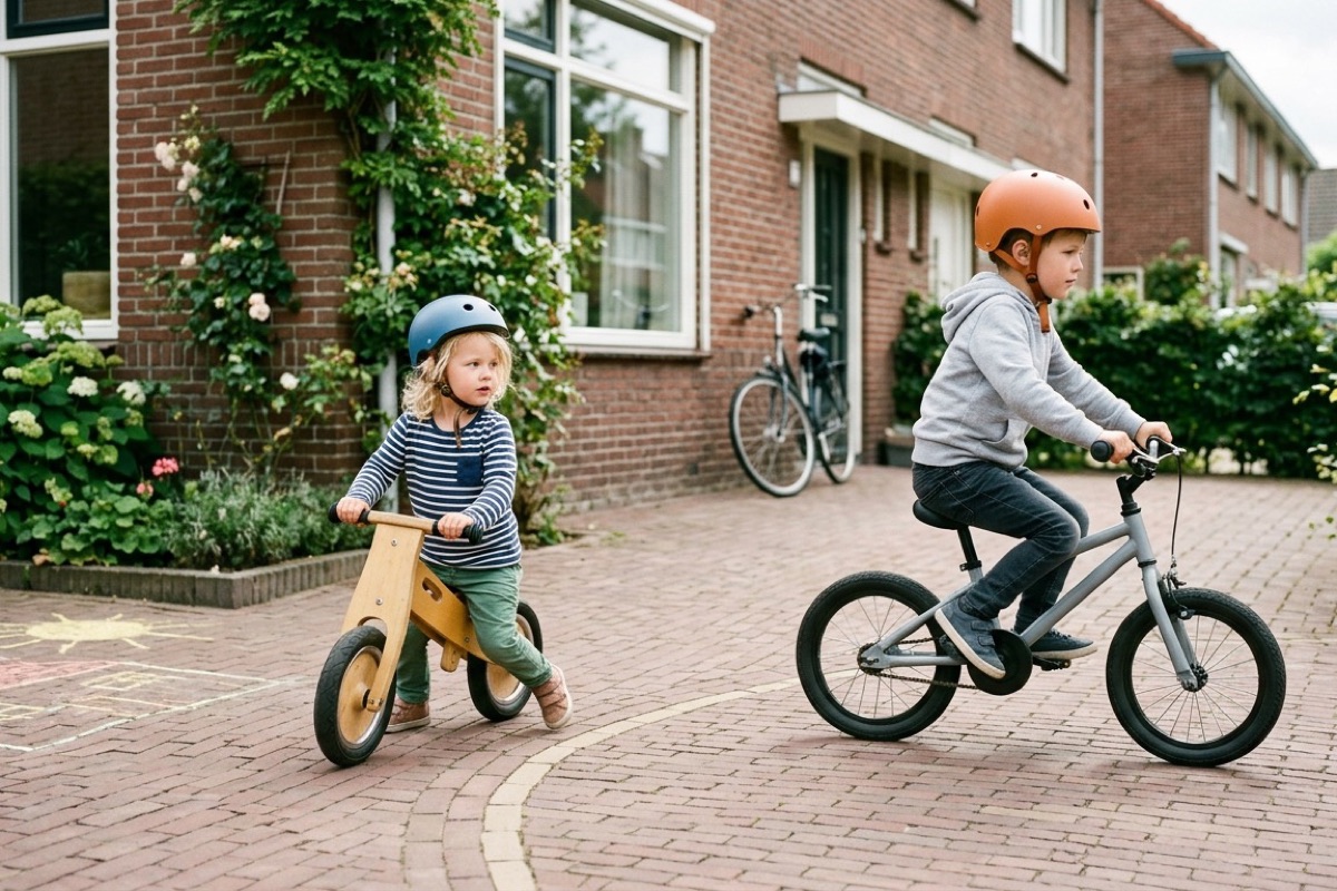 Twee kinderen van verschillende leeftijd spelen samen met een loopfiets en kleine fiets op een Nederlandse oprit.