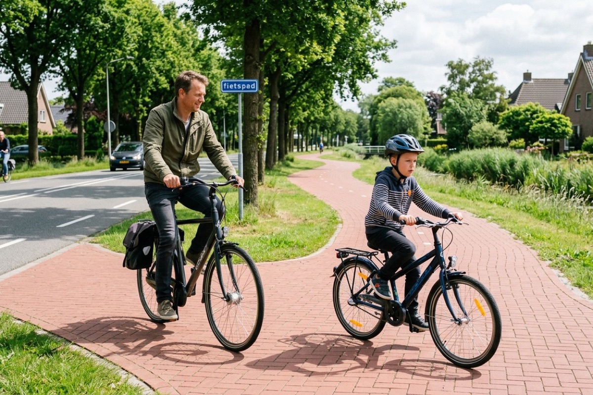 Ouder en oudere kind fietsen samen op een Nederlands fietspad langs een rustige weg.