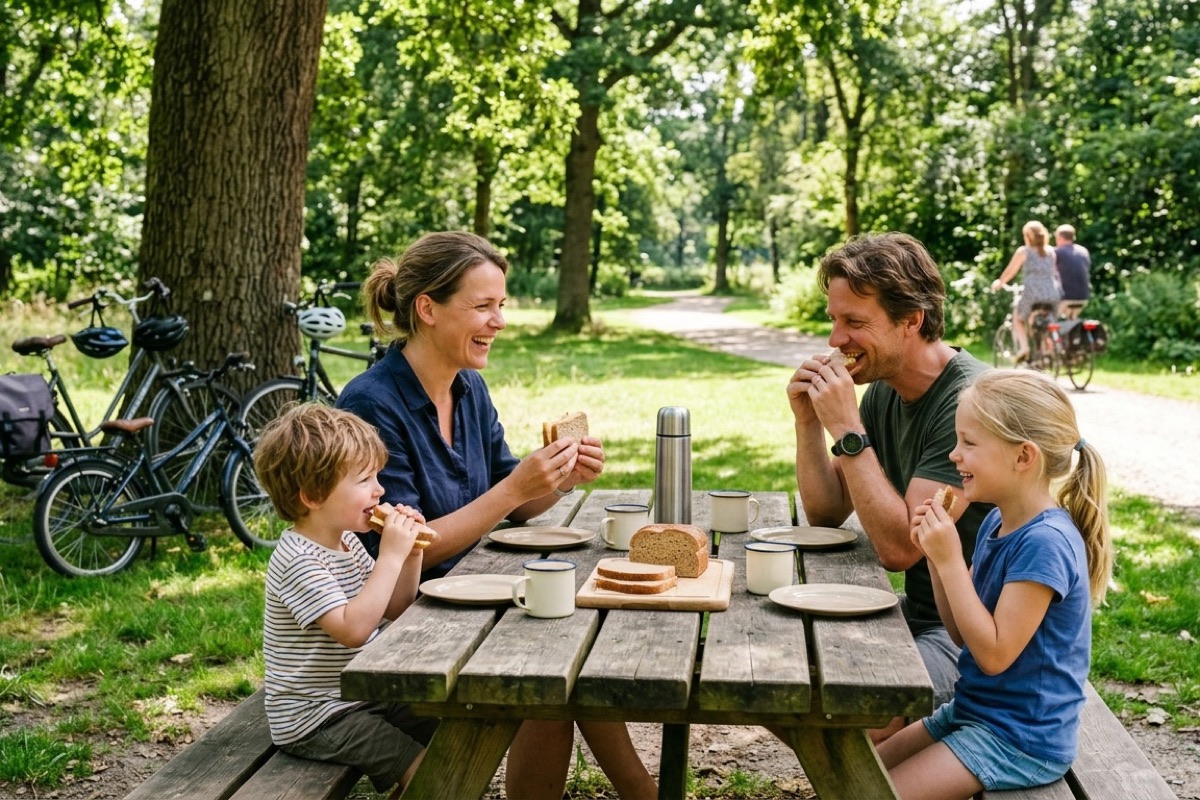 Een Nederlands gezin van vier eet brood aan een houten picknicktafel in een park naast geparkeerde fietsen