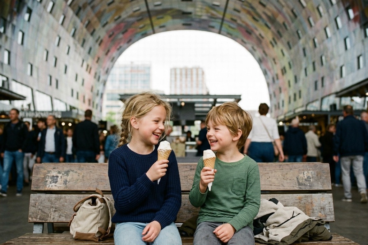 Twee Nederlandse kinderen zitten lachend op een houten bank in een grote markthal en eten een ijsje