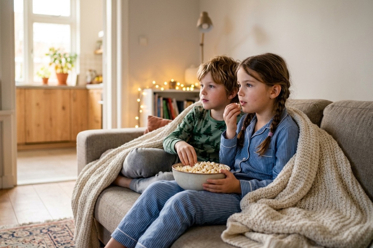 Twee kinderen in pyjama zitten samen op een bank onder een dekentje met een schaal popcorn ertussen.