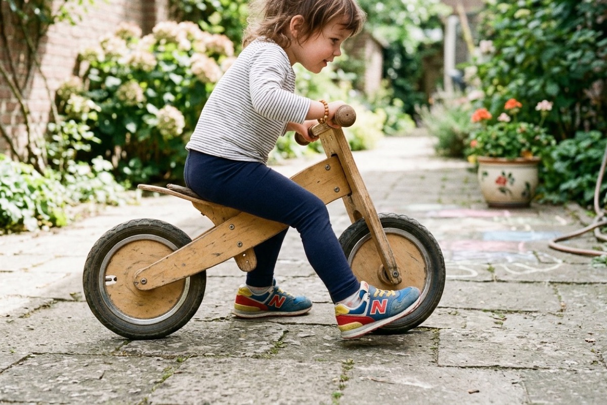 Close-up van een peuter op een houten loopfiets, voeten in sneakers die zich afzetten op stenen pad.