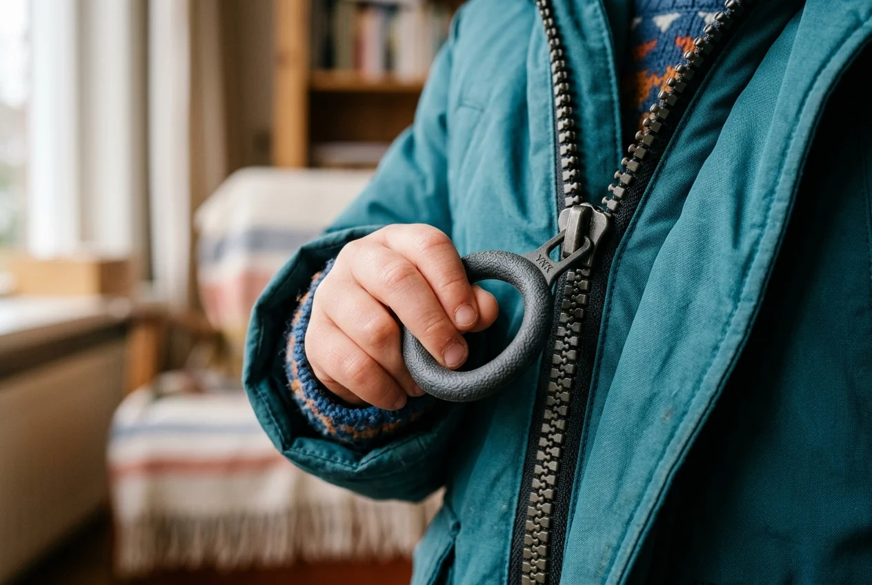 Detail van kinderhand die dikke rits met grote ringvormige trekker hanteert op winterjas