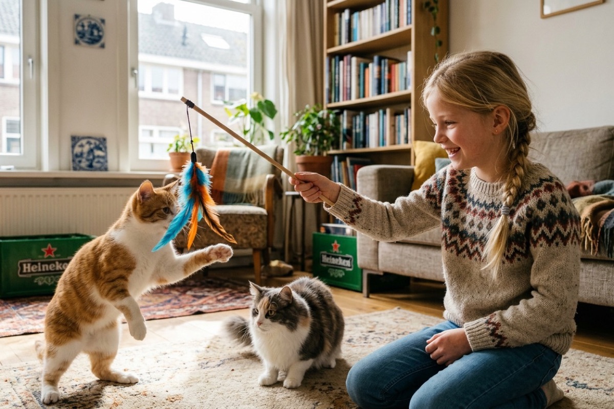 Een 10-jarig kind speelt met twee katten met een lange verenstaaf in een Nederlandse woonkamer