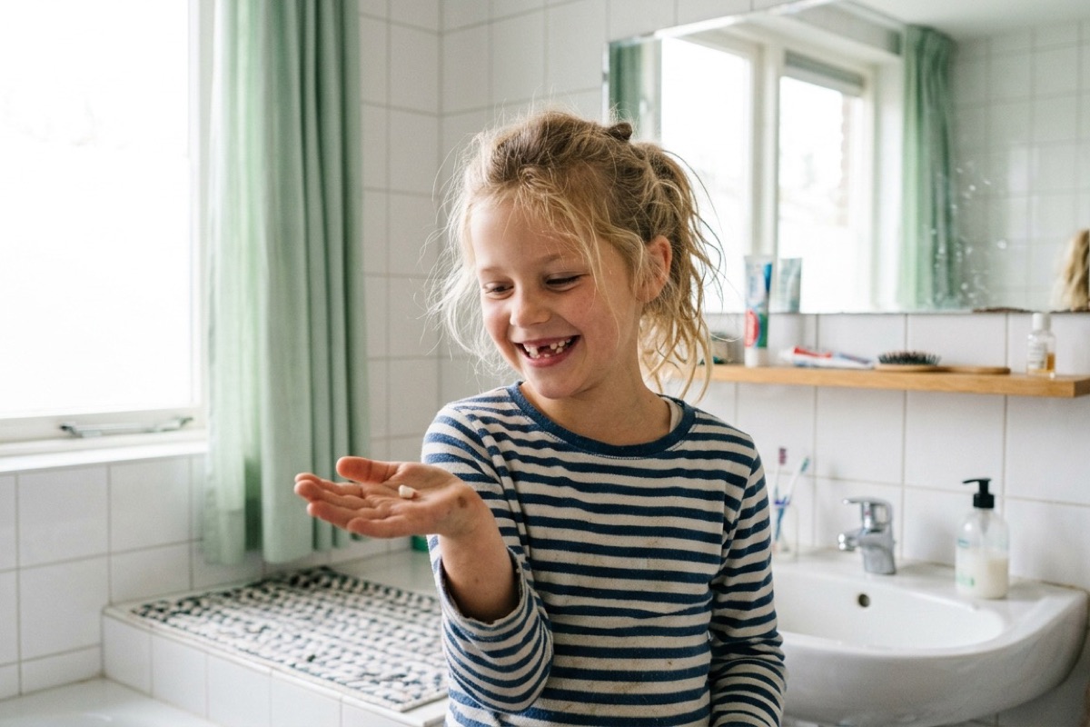 Kind van groep drie houdt trots een net uitgevallen melktandje op de palm van de hand voor de spiegel.