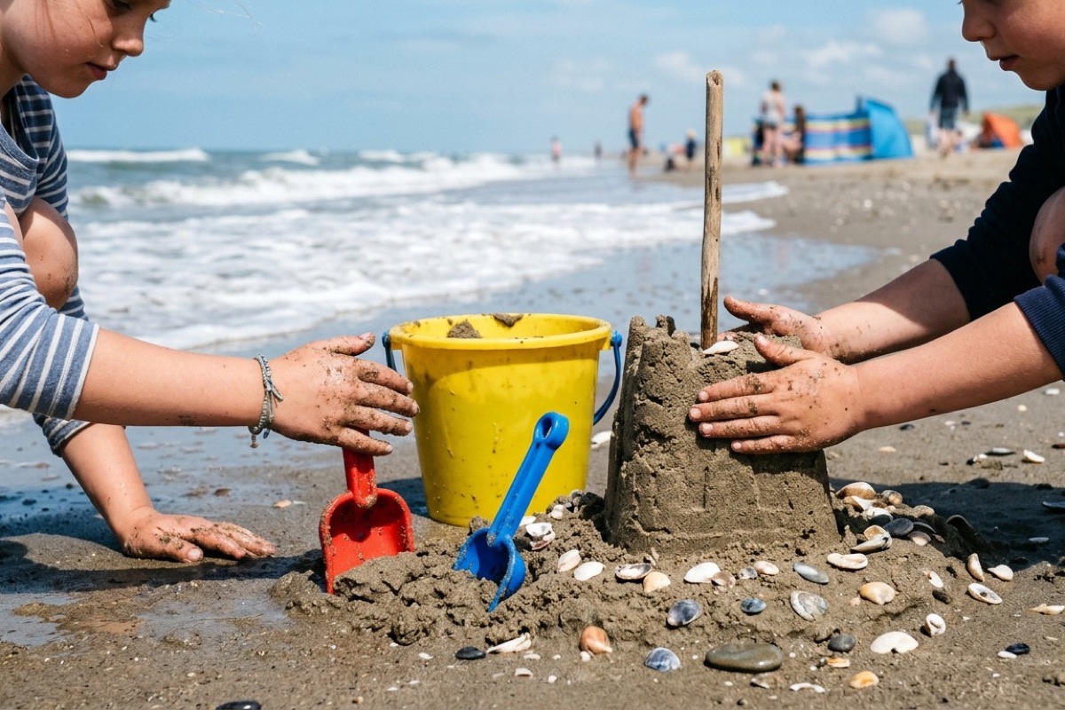 Twee kinderen bouwen samen een zandkasteel met emmer en schepje aan het Noordzee-strand
