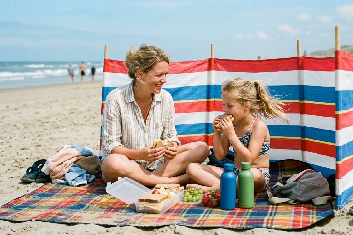 Een Nederlands gezin eet samen brood en fruit voor een gestreept windscherm op het strand