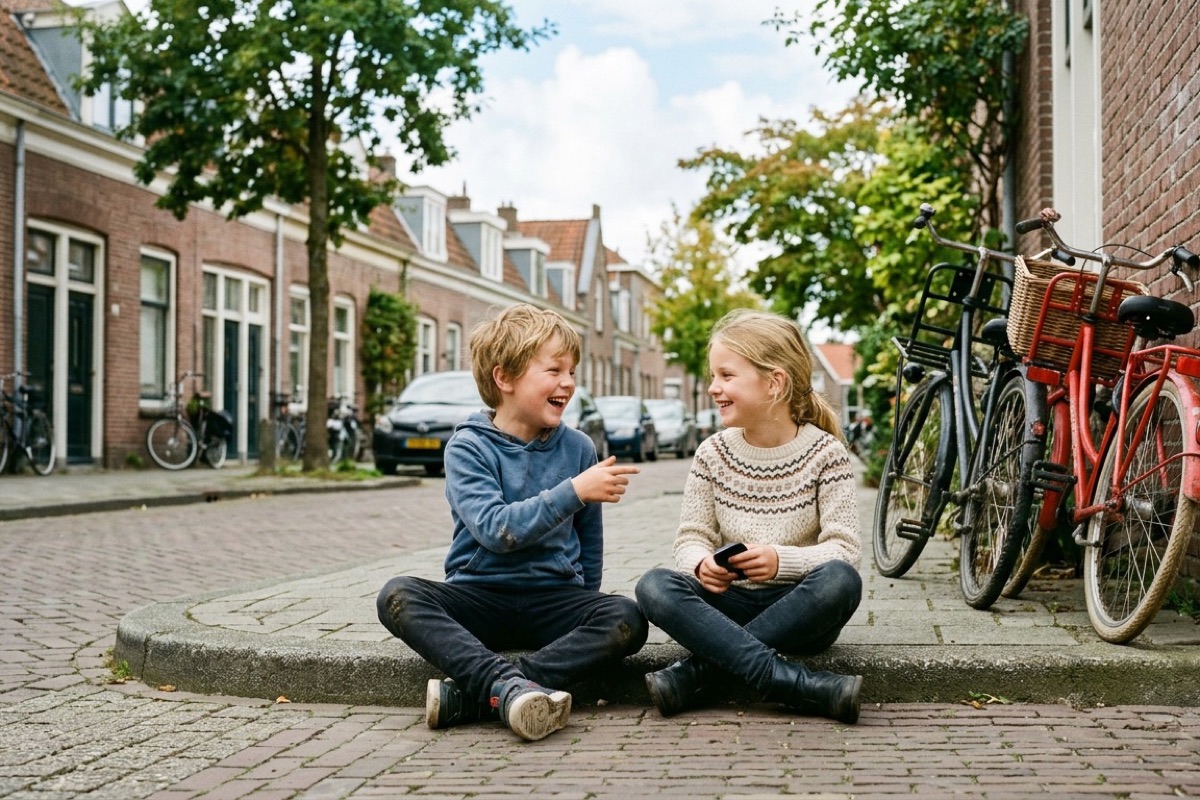 Twee Nederlandse kinderen van acht zitten op de stoeprand in een rustige straat en lachen samen.