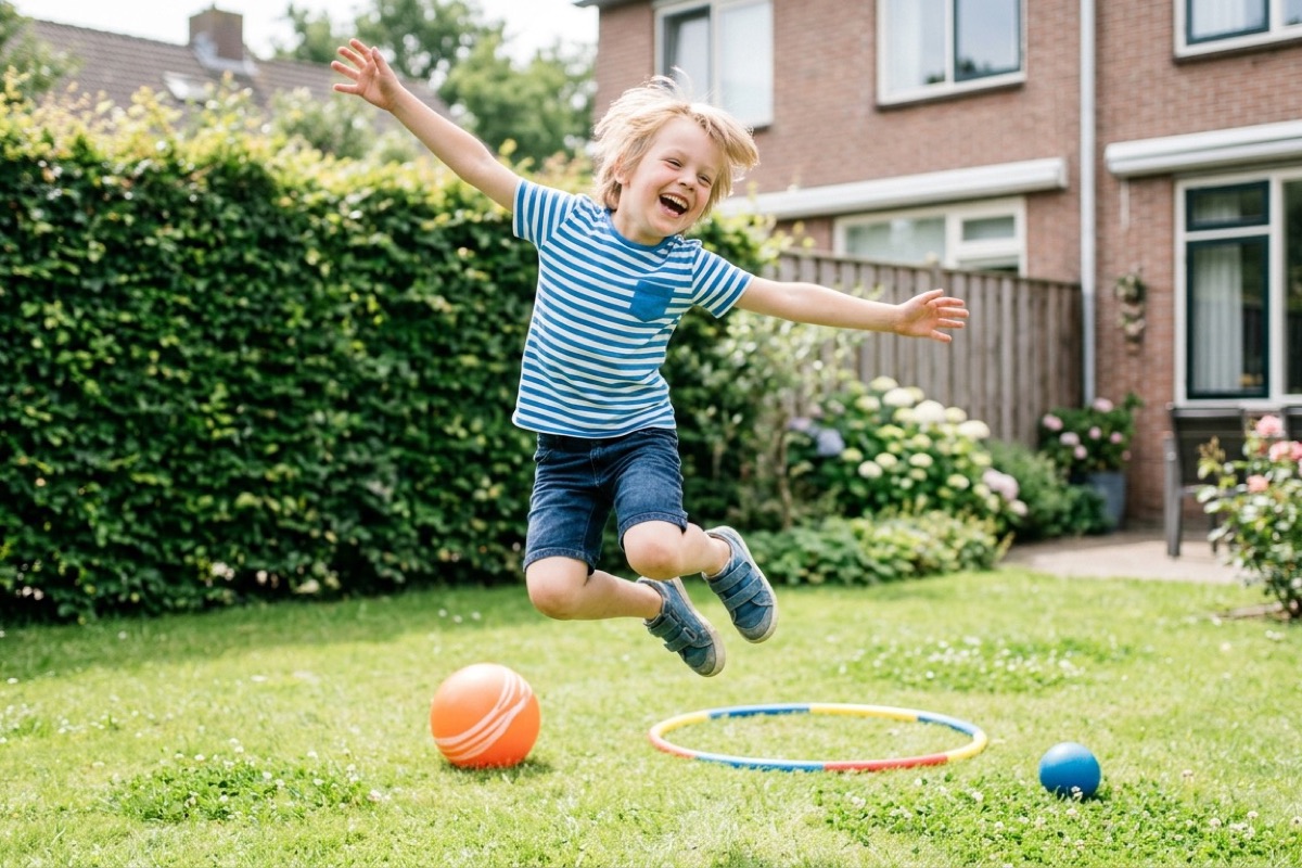 Een jongen van zeven springt vrolijk in een groene Nederlandse achtertuin met ballen en een hoepel op het gras.