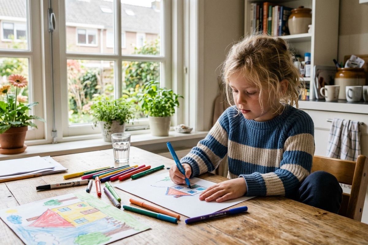 Kind kleurt rustig met stiften aan de keukentafel terwijl daglicht door het raam naar binnen valt.