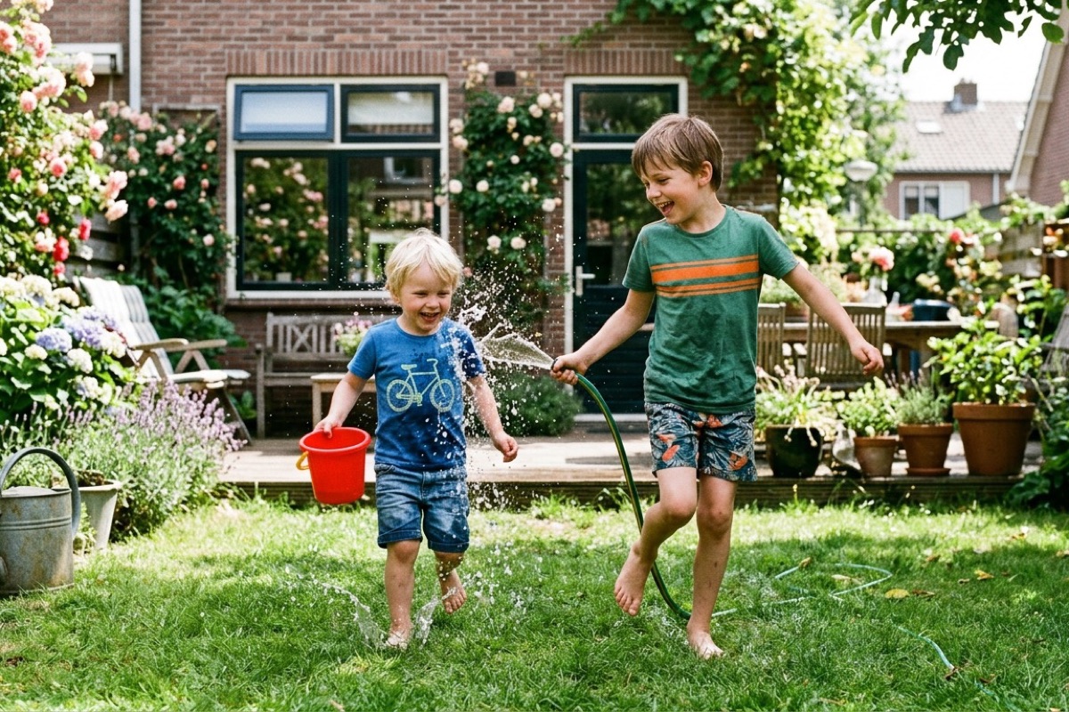 Kinderen rennen door een sproeier in de tuin met emmertjes en blote voeten op het gras.