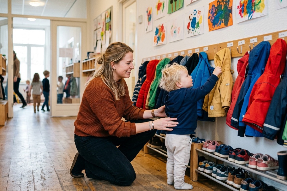 Pedagogisch medewerker hurkt naast peuter bij het ophaal-rek voor jassen in een lichte ruimte.