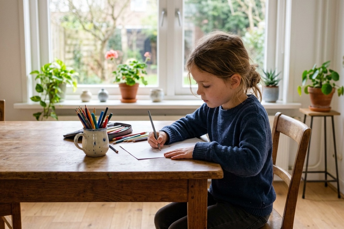 Basisschoolkind tekent rustig aan een houten tafel met daglicht door het raam en stiften in een mok.
