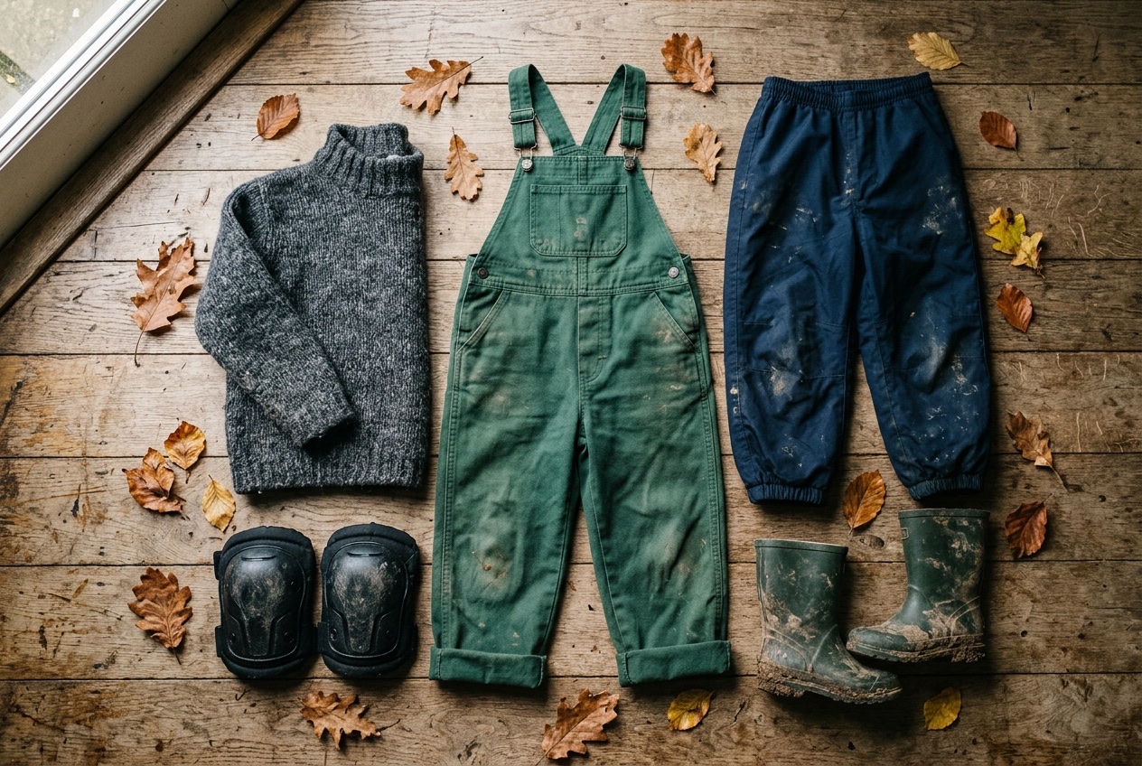 Flat-lay van praktische kinder-modderkleding op een houten vloer: een donkergroene tuinoverall met modderspatten, donkerblauwe waterdichte broek, kniebeschermers, modder-vieze regenlaarzen en een grijze wol-trui, omringd door herfstbladeren.