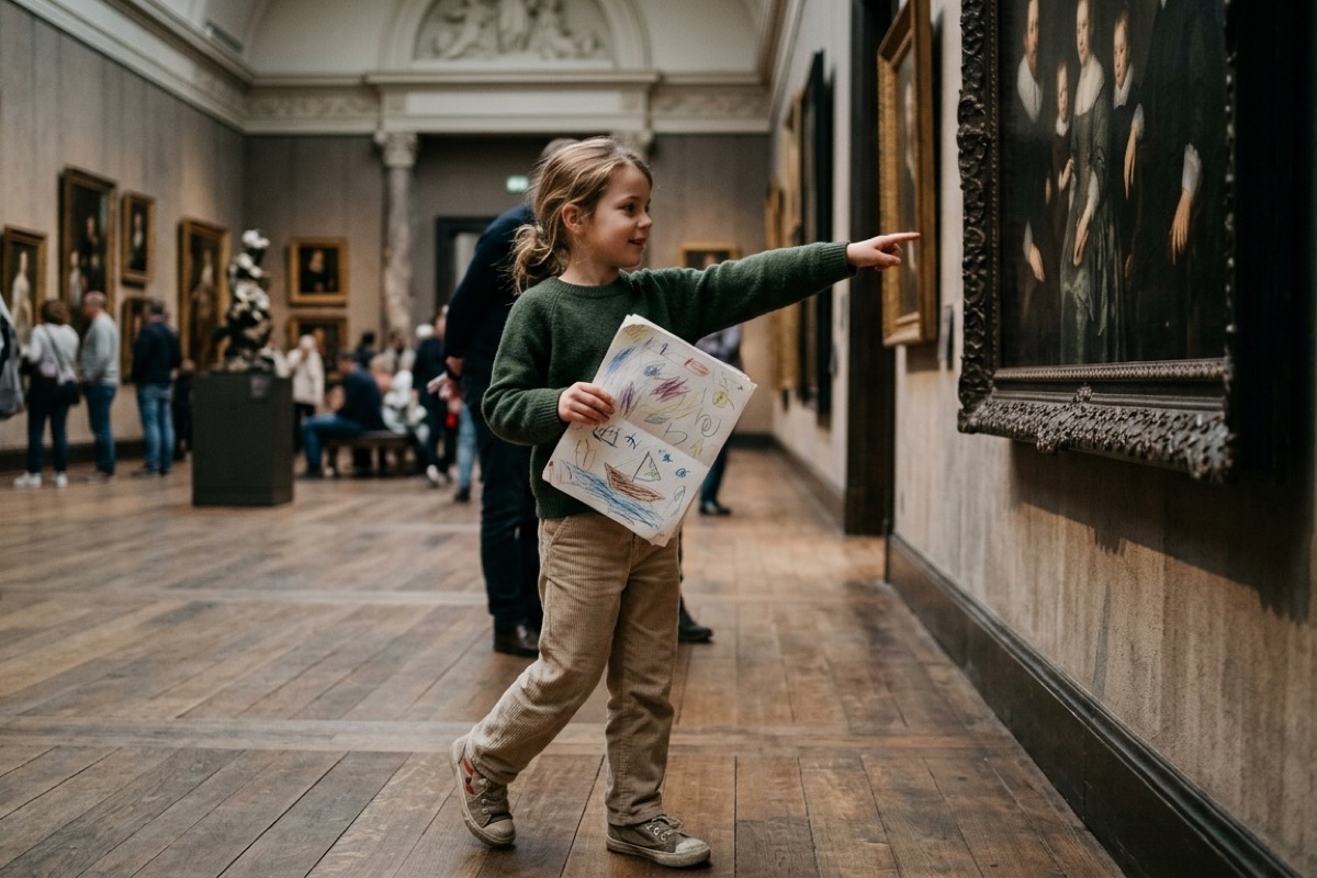 Een kind houdt een speurtocht-vouwblaadje vast en wijst naar een schilderij in een grote museumzaal
