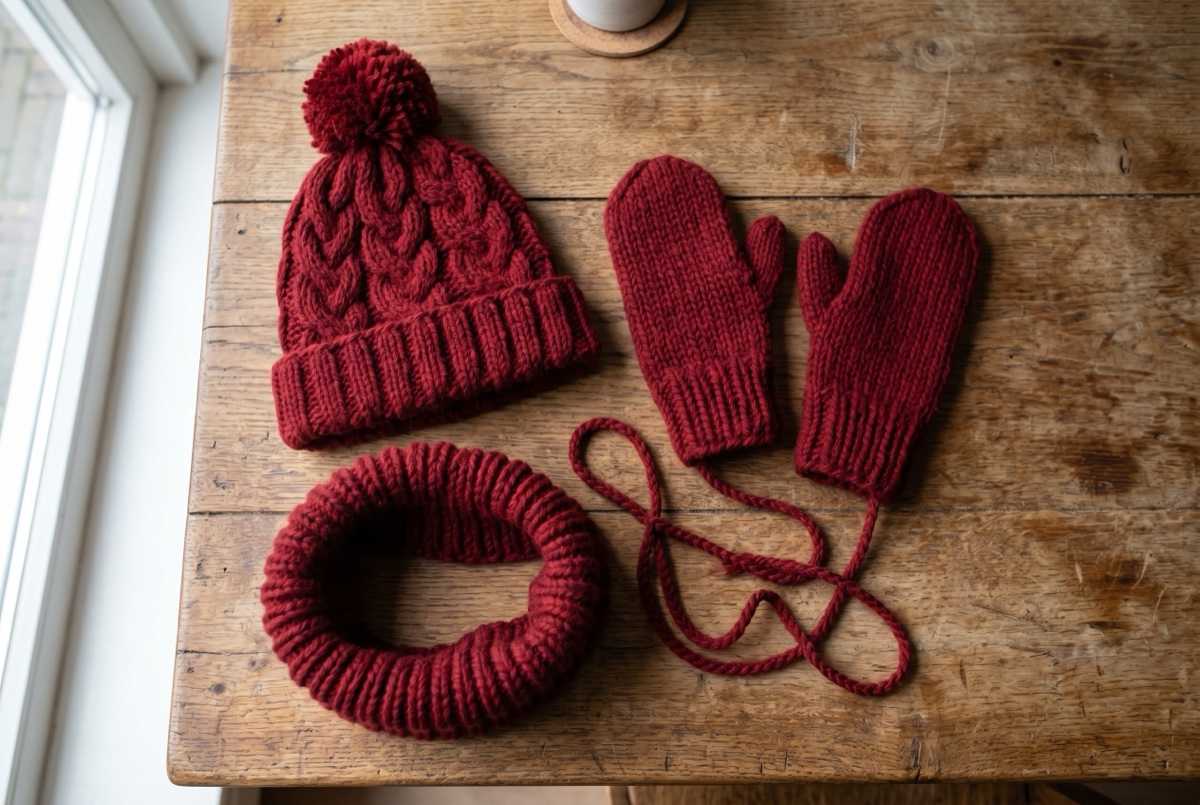 Gebreide bordeauxrode muts met pom-pom, wanten met elastiek-koord en een veilige korte snood-nekwarmer op een Nederlandse keukentafel.