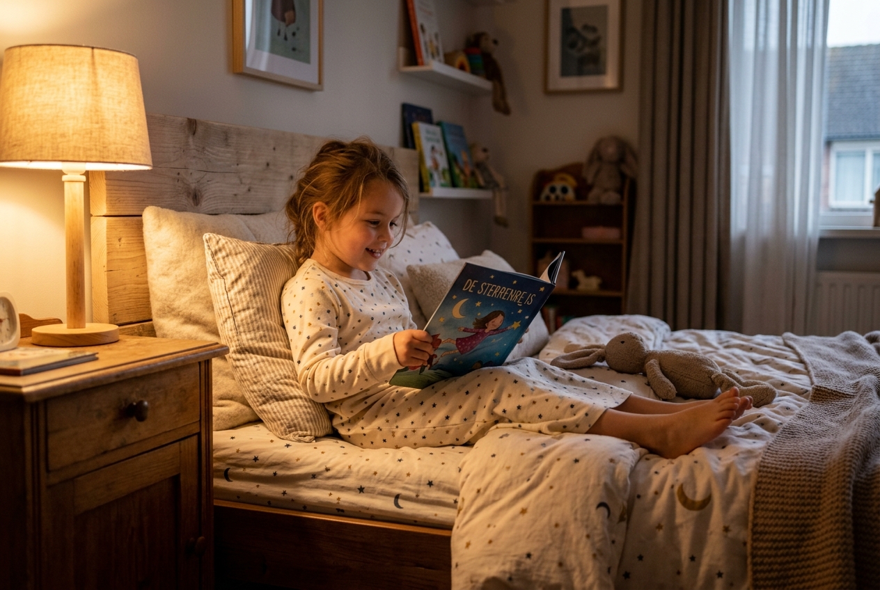 Een meisje van ongeveer vijf jaar zit in een zachte katoenen nachtjurk met sterrenprint op haar bed een prentenboek te lezen bij warm avondlampje.