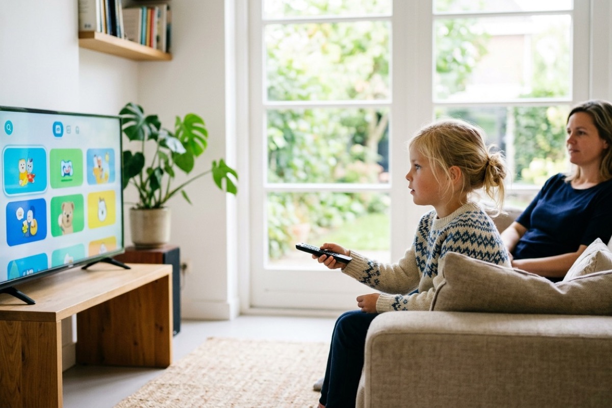 Kind kiest een serie op een televisie met kindprofiel-interface terwijl een ouder rustig erbij zit.