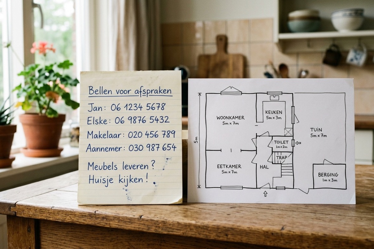 Briefje met telefoonnummers naast een huisplattegrond op een houten keukentafel met daglicht.