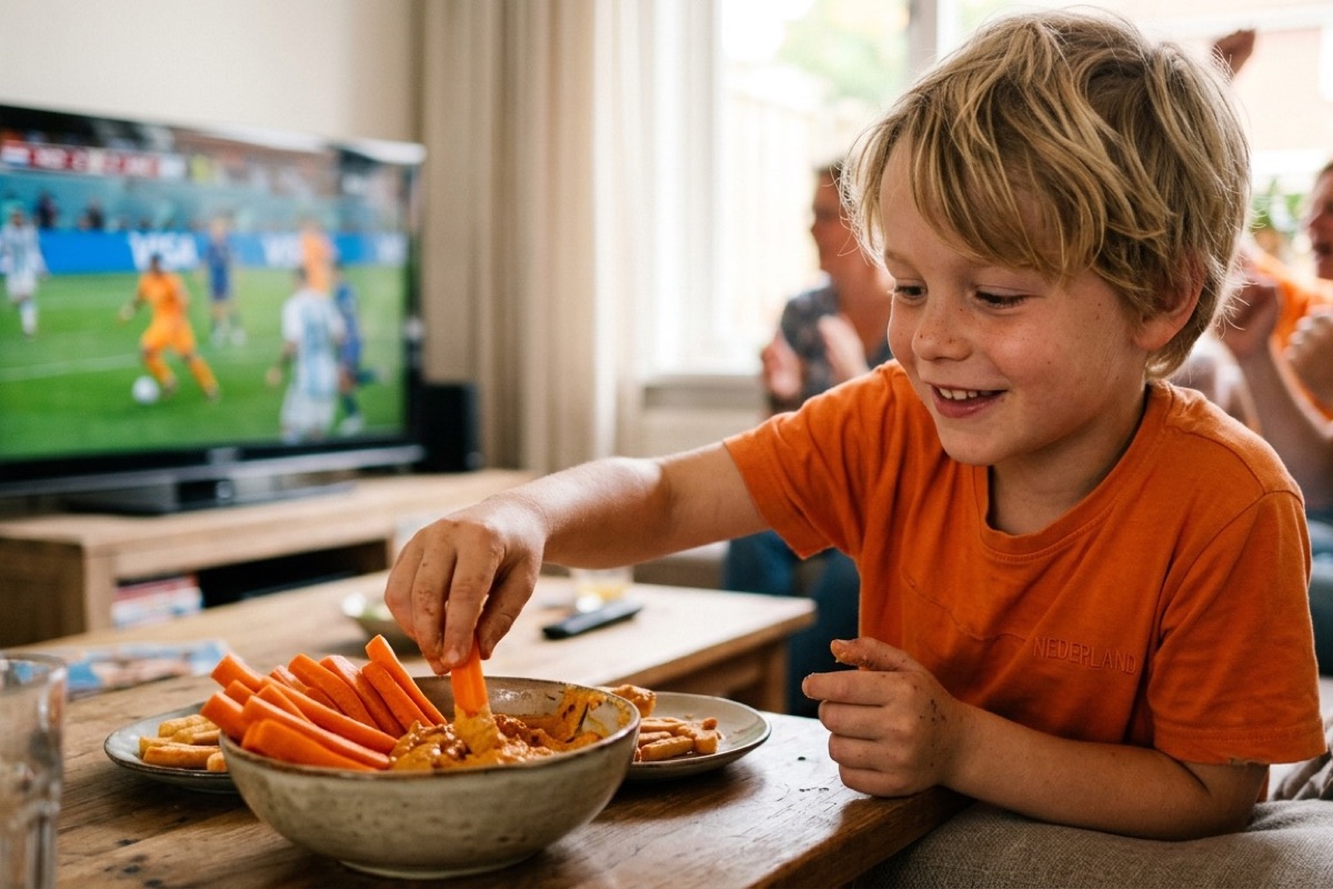 Een 8-jarig kind in oranje shirt pakt een wortelreep met dipsaus uit een schaal terwijl op de tv een wedstrijd te zien is