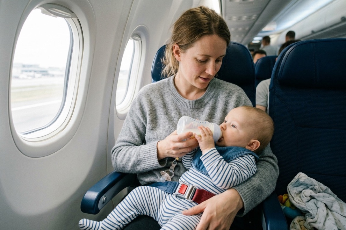 Ouder geeft een baby een fles tijdens het opstijgen van een vliegtuig.