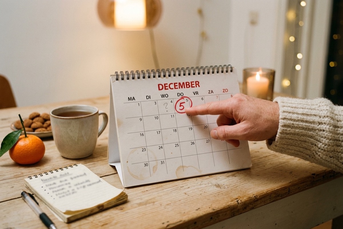 Een hand wijst op een papieren december-kalender naar 5 december, omcirkeld in rode marker