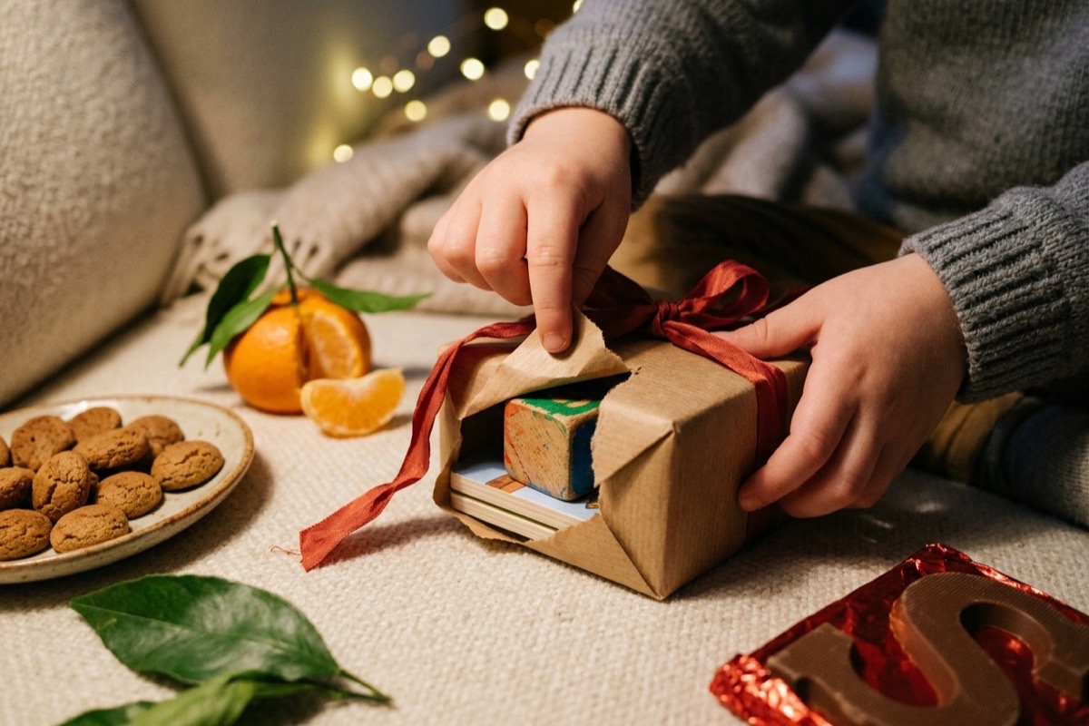 Close-up van kinderhanden die een bruin kraftpapieren cadeautje met rood lint uitpakken op een zachte bank