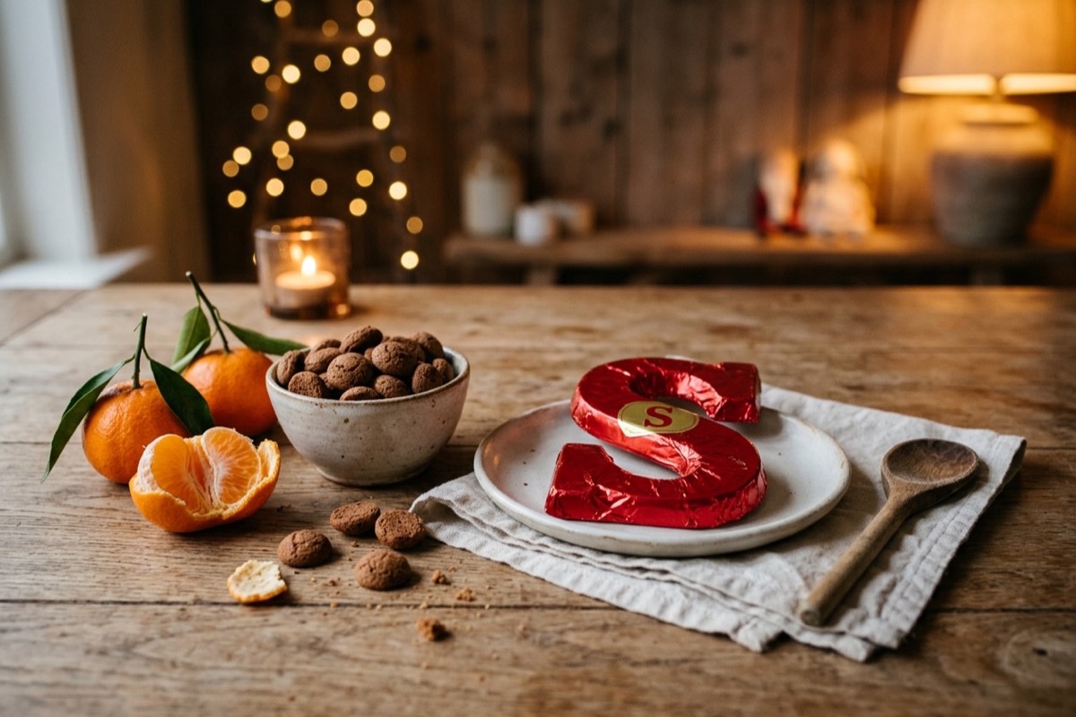 Stilleven met een chocoladeletter S in rode folie, pepernoten en mandarijnen op een houten tafel