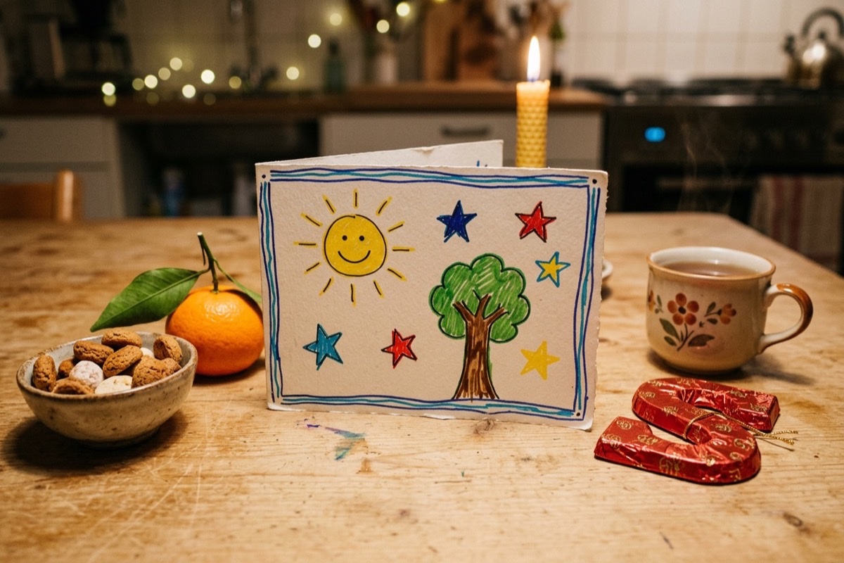 Een handgemaakte kaart met kinderlijke tekeningen op een keukentafel naast pepernoten en een mandarijn