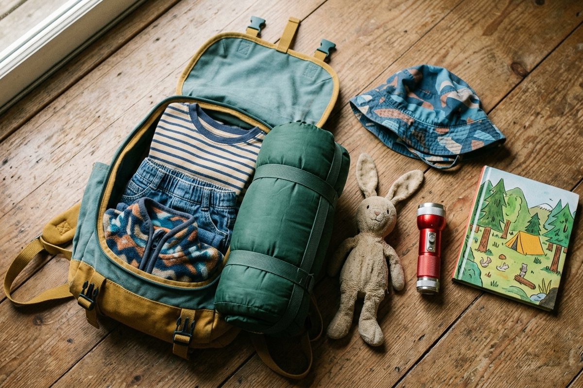 Gezin pakt tassen in voor de auto voor een kampeervakantie met kinderen