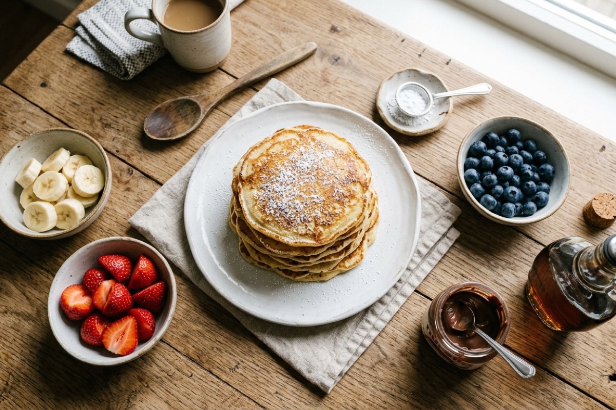 Stapel pannenkoeken op bord met fruit, blueberries, banaan en stroop