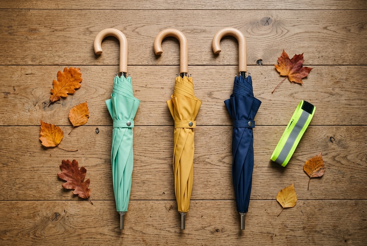 Flat-lay van drie ingeklapte kinder-paraplu's in mint, mosterdgeel en marineblauw op een houten vloer, naast een gele reflectie-band en herfstbladeren.
