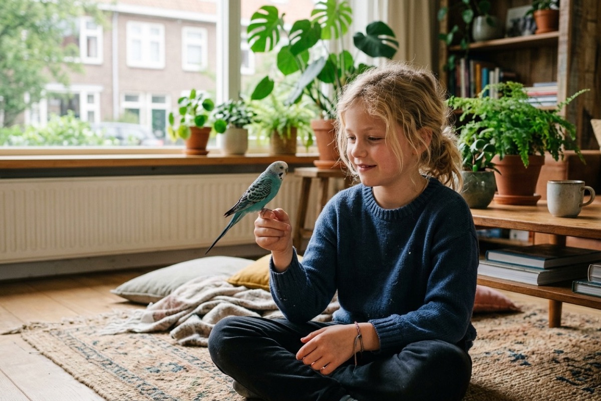 Een 10-jarig Nederlands kind zit kalm op de vloer met een tamme grasparkiet op zijn vinger
