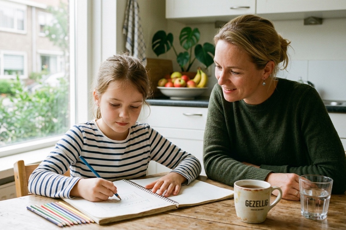 Ouder en kind zitten samen aan een keukentafel, kind tekent in een schrift, ouder luistert aandachtig.