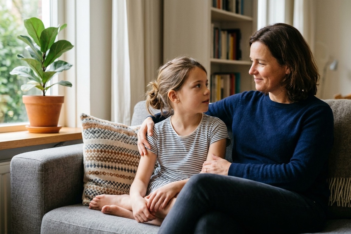 Ouder en kind zitten dicht op de bank in een rustig gesprek bij raamlicht.
