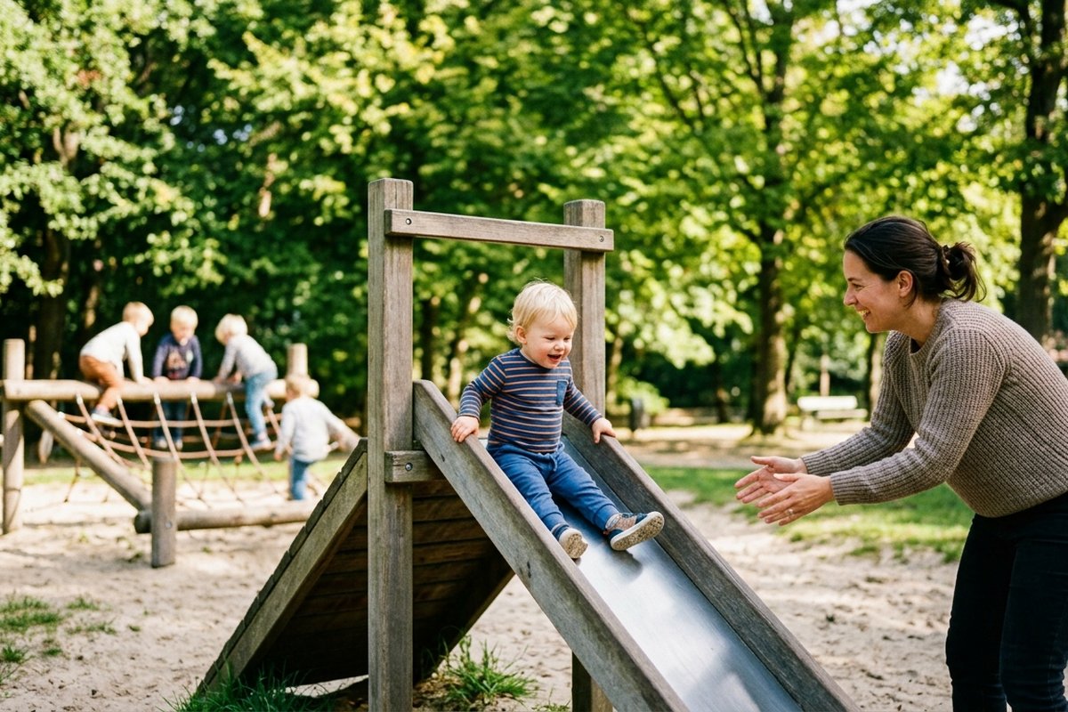 Peuter en kleuter spelen samen bij een kinderboerderij met een geit en een houten hek