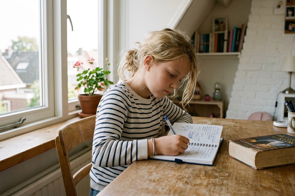 Meisje van tien schrijft in een notitieboek aan tafel met een dicht boek ernaast en daglicht door het raam.