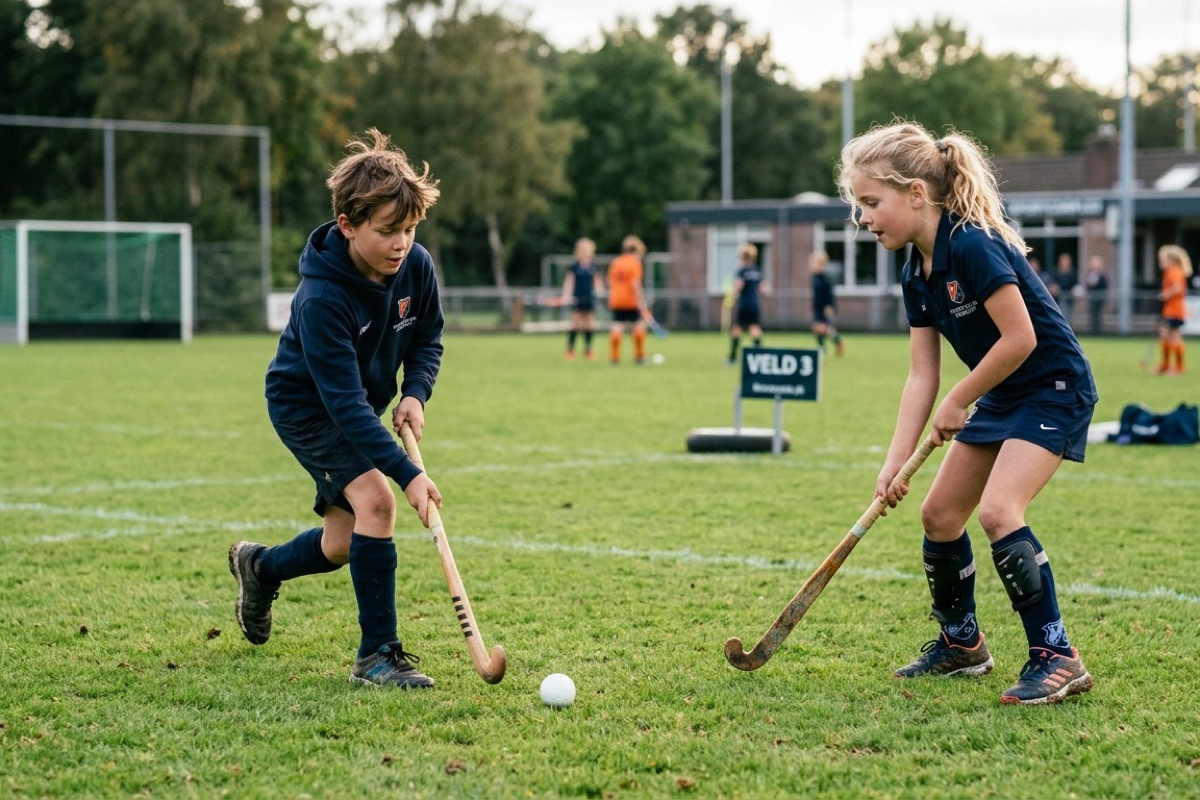 Twee kinderen oefenen samen passes met een hockeystick op een veld bij zacht avondlicht.