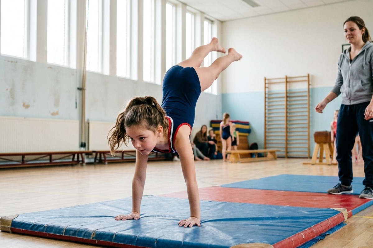 Een kind oefent geconcentreerd een turnoefening op een mat in een lichte gymzaal.