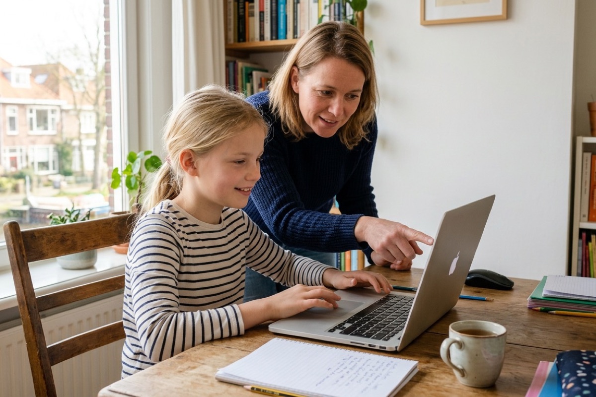 Ouder en kind kijken samen naar een laptop met presentatie-slides aan de eettafel.