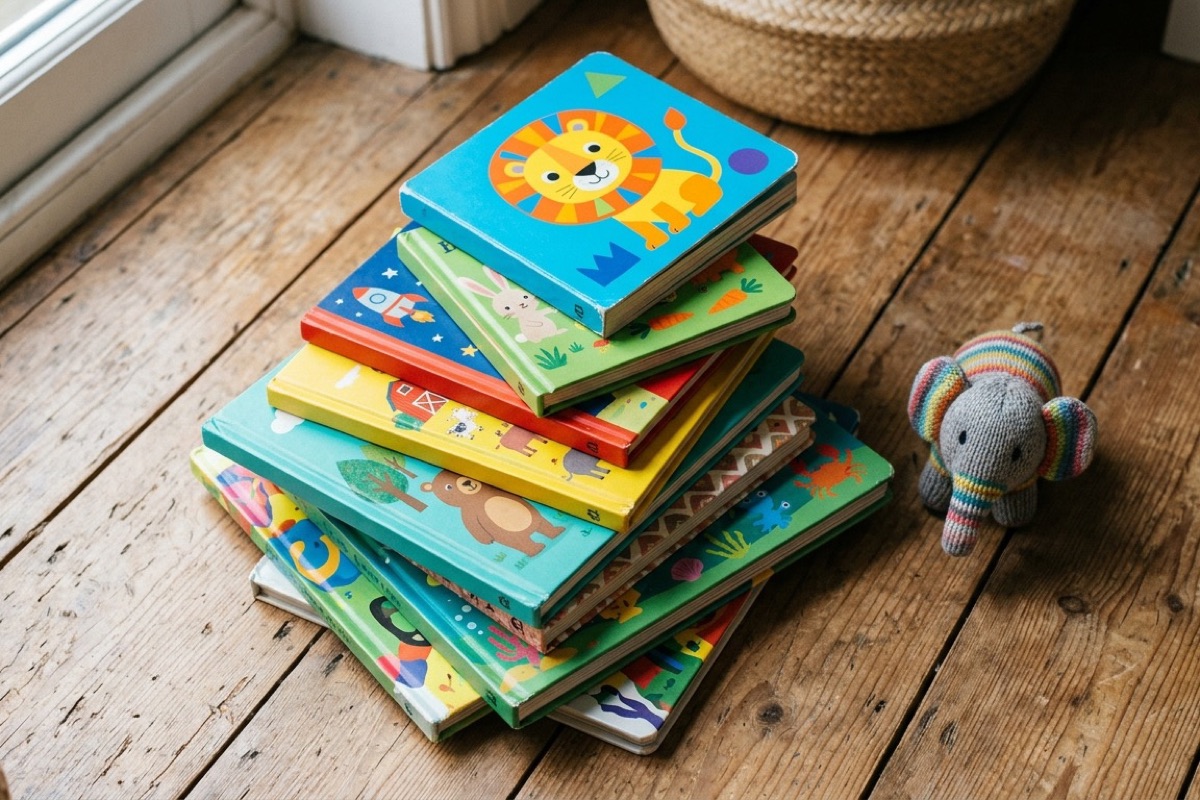 Stapel kleurrijke prentenboeken voor kleuters op houten vloer met knuffel