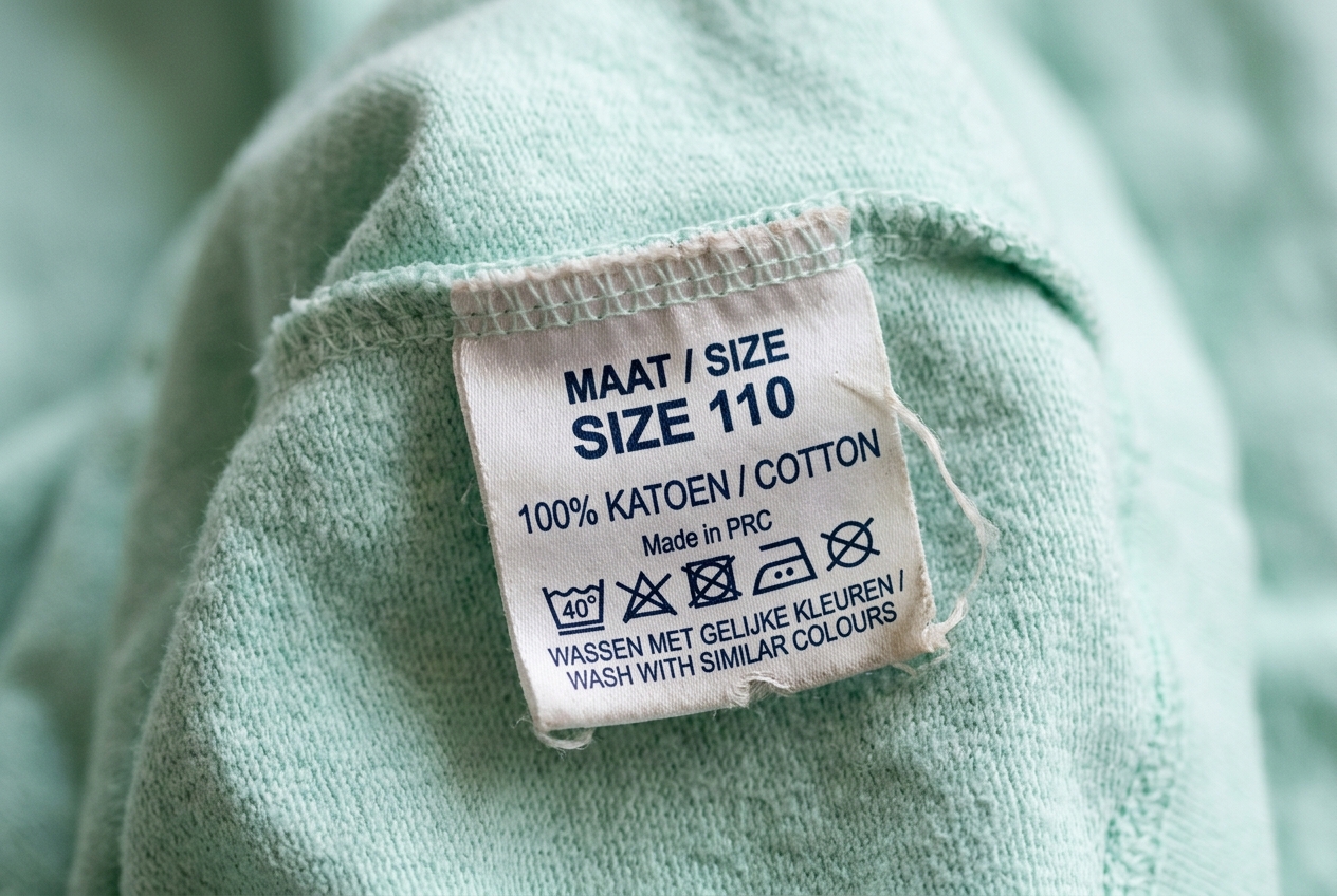 Detailfoto van een wasvoorschrift- en maatlabel in een lichtgroene kinderpyjama, met maat 110 en 100% katoen vermeld.